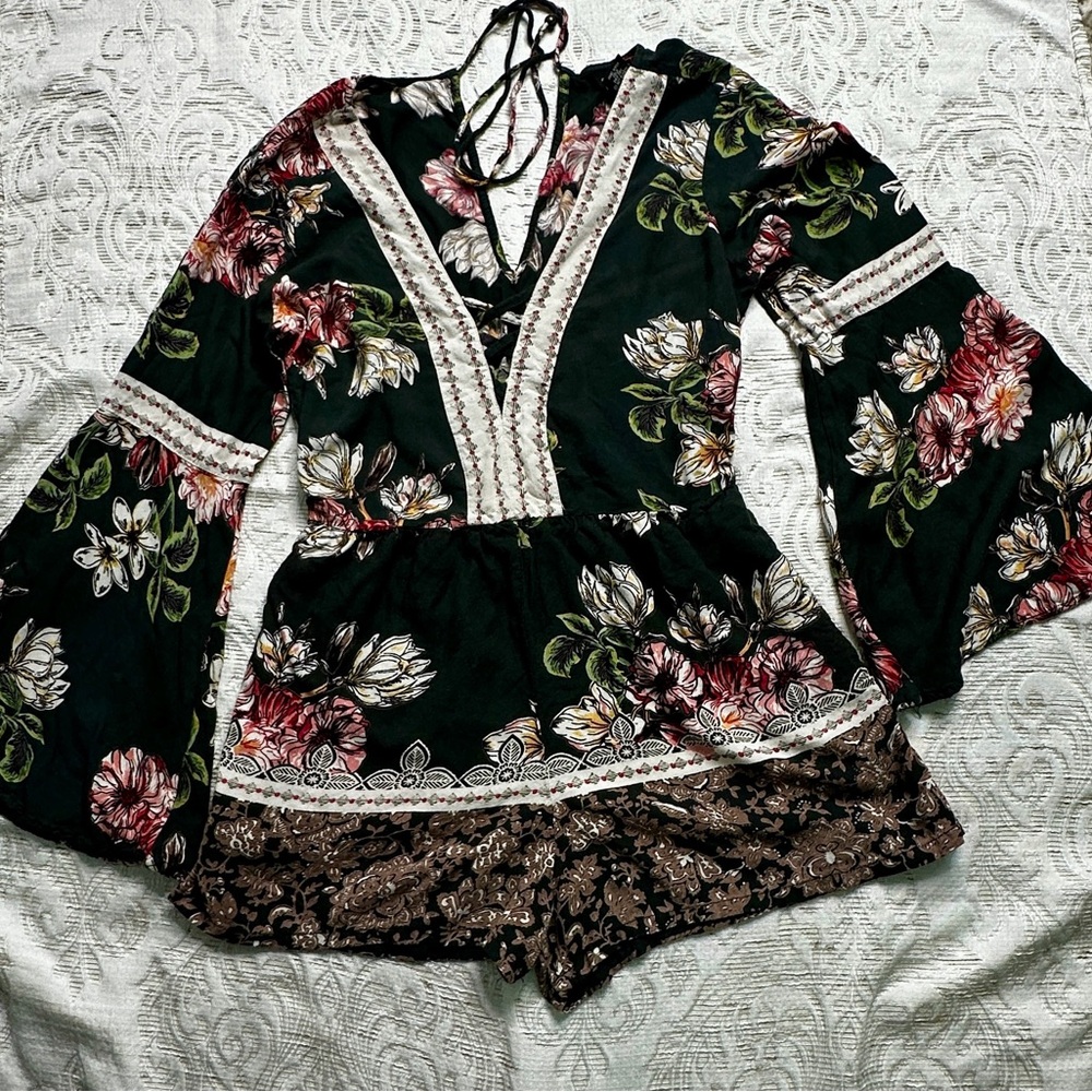 Elegant Short Jumpsuits Flower  Green